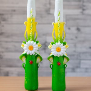 Taper carved candles with daisies and ladybugs. Decorative green and white carved candles with flowers - summer gifts candles