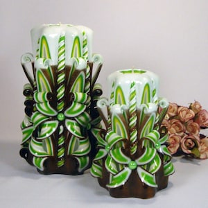 Carved candle set - Brown green Birthday Gift idea for sister and mom. Unusual best friend gift idea