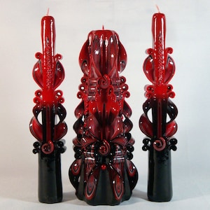 Red and black carved candle set, Wedding candle, Carved unity candles for your anniversary, Taper candles of the interior