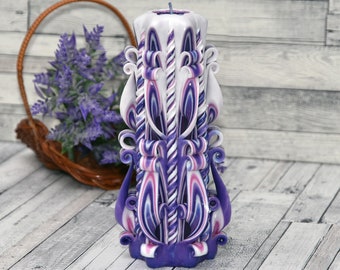 Purple carved candle, Lavender gift for woman, home decor - long distance gift ideas for friends