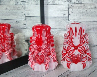 Red and white carved candle with red heart for a Valentine's Day gift, Birthday gift.