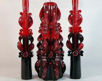 Juego de velas talladas en rojo y negro: velas de aniversario de unidad, velas de boda
