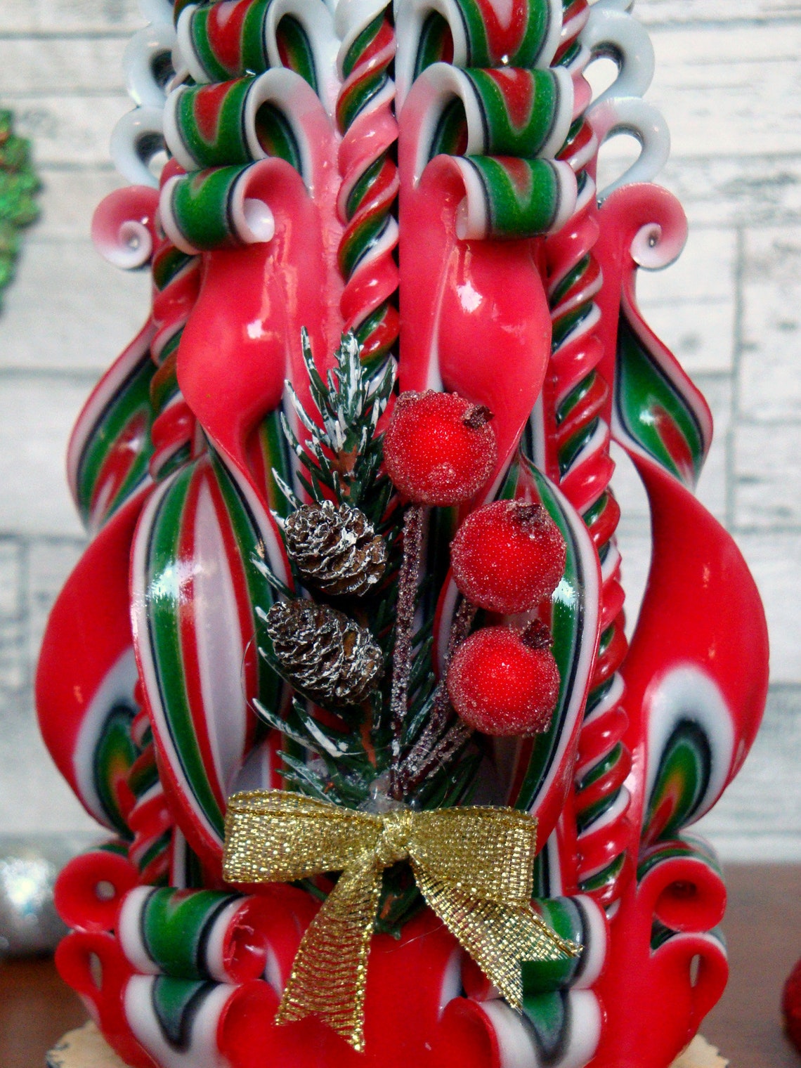 Christmas carved candles with decor red green winter long Etsy