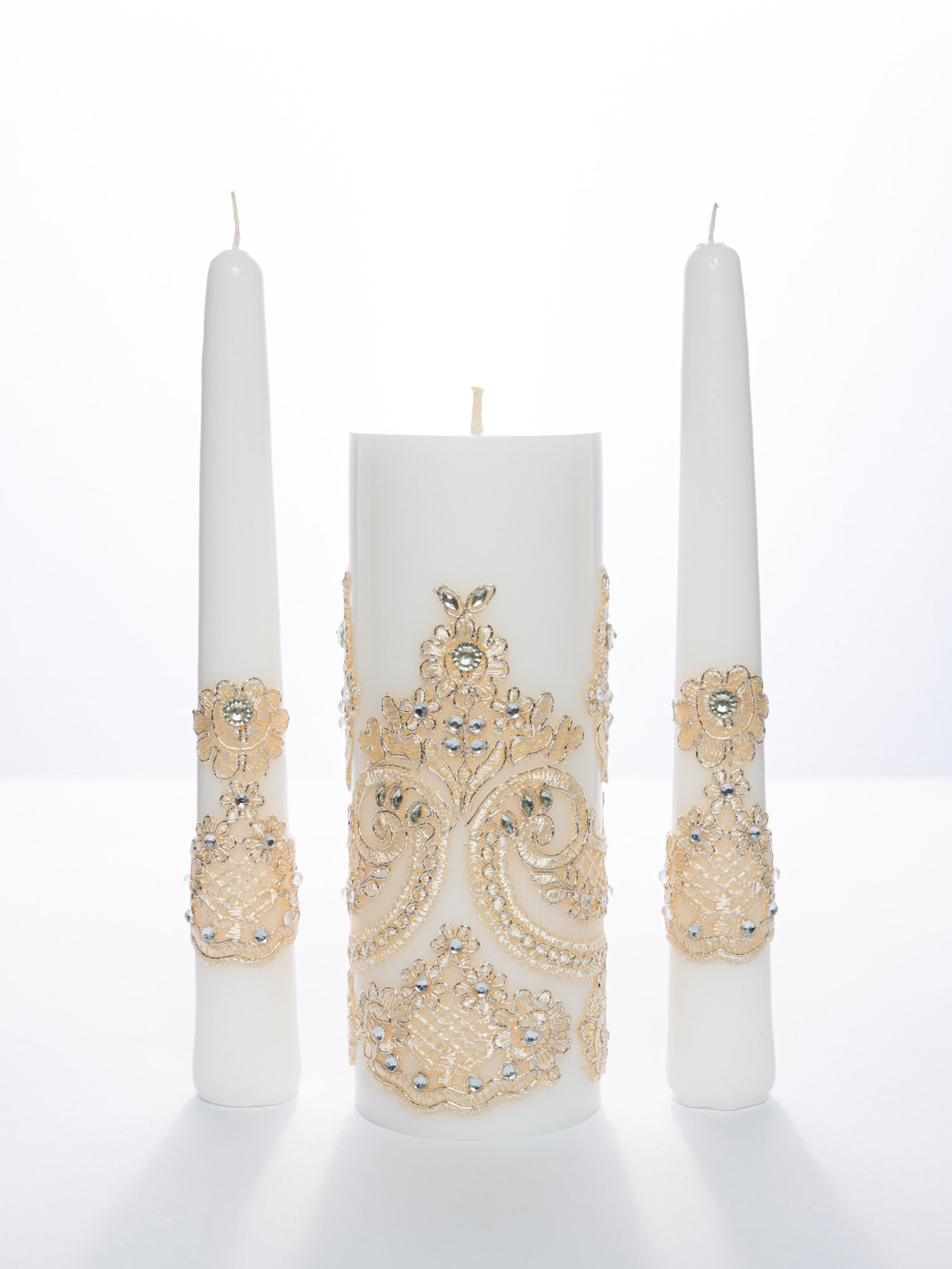 Wedding candle set with beige lace White unity candle set Etsy
