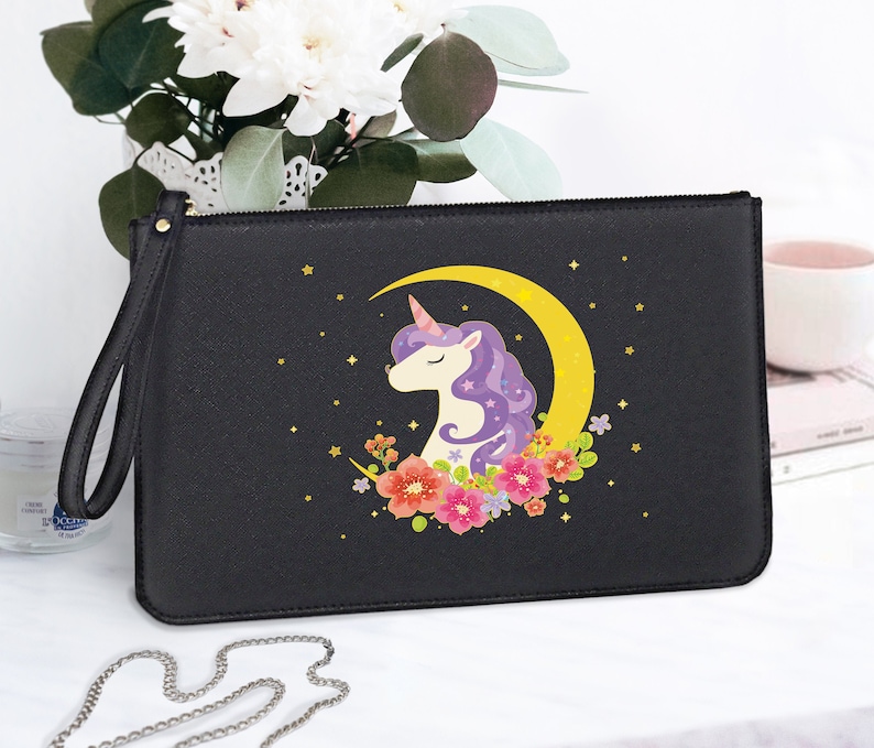Moonlight Unicorn Clutch Bag Cute Makeup Pouch Women Boutique Shopping Bag Teenagers Pouch Unicorn Logo Saffiano Italian Leather FS0207