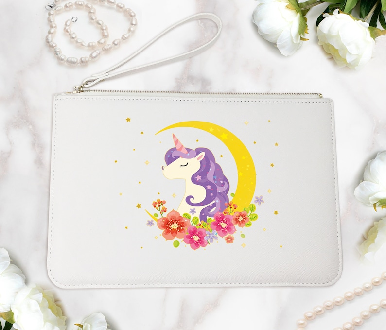 Moonlight Unicorn Clutch Bag Cute Makeup Pouch Women Boutique Shopping Bag Teenagers Pouch Unicorn Logo Saffiano Italian Leather FS0207