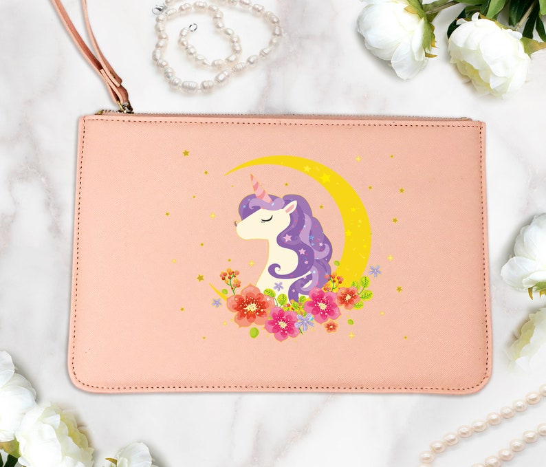 Moonlight Unicorn Clutch Bag Cute Makeup Pouch Women Boutique Shopping Bag Teenagers Pouch Unicorn Logo Saffiano Italian Leather FS0207