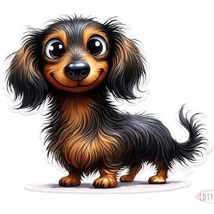 Könnte beinhalten: Cartoon-Illustration eines langhaarigen Dackelhundes mit einem lächelnden Gesichtsausdruck. Der Hund hat ein schwarz-braunes Fell, große Augen und eine schwarze Nase. Das Bild hat einen weißen Hintergrund und den Text "LOTTE VOM MEER" in der unteren rechten Ecke.