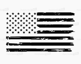 May include: A distressed black and white American flag design. The flag is made up of 13 horizontal stripes and a field of blue with 50 white stars.