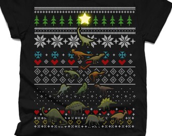 Dinosaur Christmas Tree Ugly Christmas Sweater Pattern | T-Shirt | Dinosaur Shirt | Funny Christmas Tree | Women Mens Christmas Shirt | Xmas