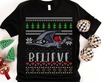 Santa Flying a Dragon, Believe | T-Shirt, Santa Claus Shirt, Ugly Christmas Sweaters, Dragon Gift, Christmas Shirt, Happy Holidays