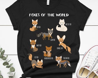 Foxes of the World | T-Shirt,  Red Fox, Artic Fox, Gray Fox, Fennec Fox, Swift Fox, Kit Fox, Arabian Kit Fox, Tibetan Fox