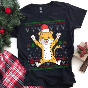 Leopardo, Babbo Natale Maglione di Natale, Modello T-Shirt, Regalo di Natale Unico, Abbinamento Camicia di Natale, Gatto TShirt, Gatto