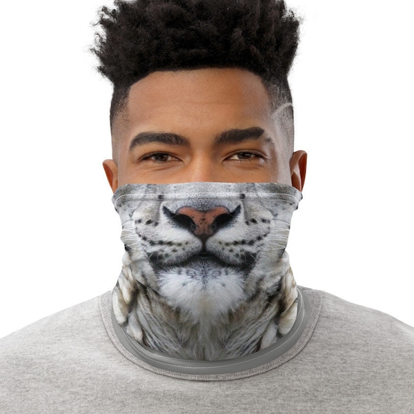 Masque de visage de léopard des neiges - Gaiter de cou, couverture de visage lavable et réutilisable pour adultes, costume de chat blanc, Balaclava, Bandanna, écharpe de snood