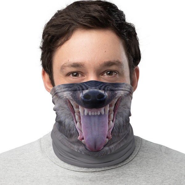 Hyena Face Mask, Neck Gaiter, Washable and Reusable Face Covering for Adults, Funny Animal Costume, Hyaena Outfit, Bandanna, Balaclava Scarf