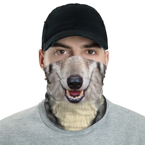 Puede incluir: Un pasamontañas negro y blanco con un estampado de cara de lobo gris y blanco. El pasamontañas lo lleva una persona que lleva una gorra de béisbol negra y una camiseta gris.