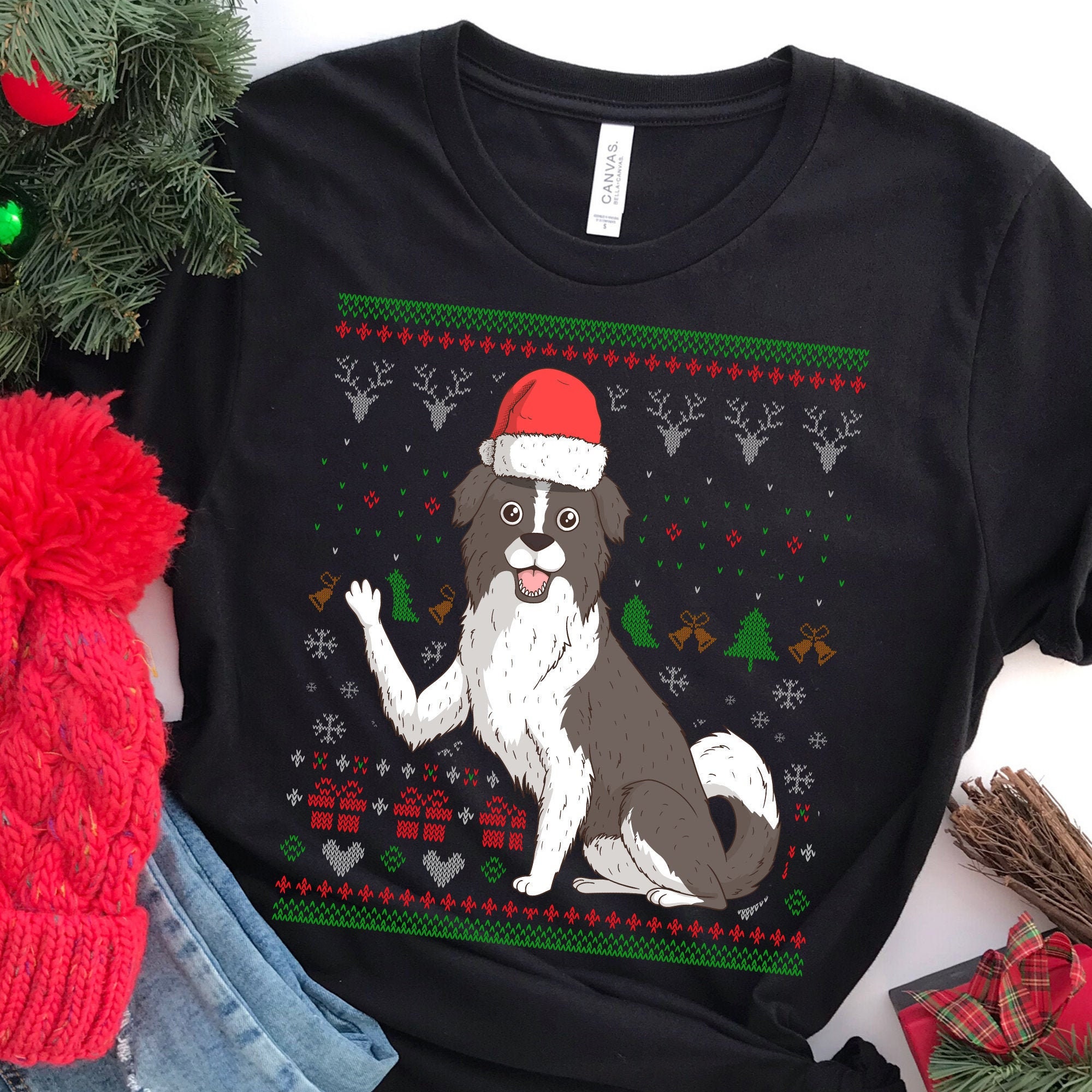 Border Collie Dog Santa Ugly Sweater Pattern Unique Etsy