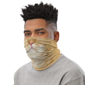 May include: A person wearing a face covering with a cat's face printed on it. The face covering is beige and brown with a white nose and whiskers.