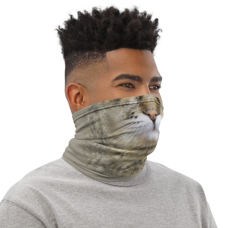 Puede incluir: Una mascarilla facial de color gris y marr&oacute;n con un dise&ntilde;o de cara de gato. La mascarilla cubre la boca y la nariz de una persona que la lleva puesta.