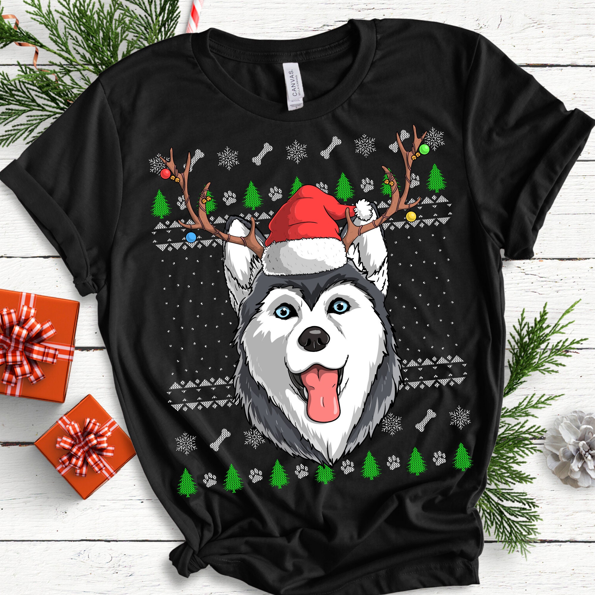 Siberian Husky Santa Claus Ugly Christmas Sweater Pattern |  Funny Christmas Shirt, Dog Portrait, Dog Lover Gift, Reindeer