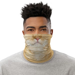 May include: A person wearing a face covering with a cat face printed on it. The cat is light brown with a white nose and whiskers.