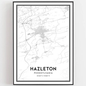 Hazleton Karte Druck, Hazleton Karte Poster Wandkunst, Pa Stadt Karte, Pennsylvania Print Straßen karte Dekor, Road Map Geschenk, B1304
