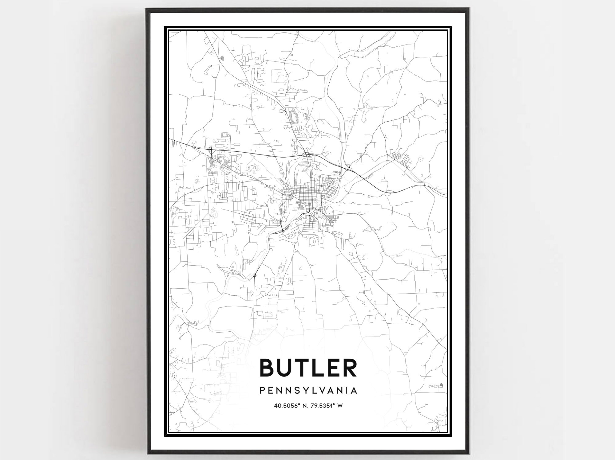 Butler Map Print, Butler Map Poster Wall Art, Pa City Map, Pennsylvania ...