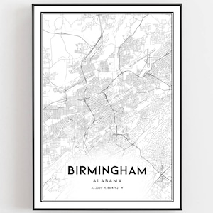 Birmingham Map Print, Birmingham Map Poster Wall Art, Al City Map, Alabama Print Street Map Decor, Road Map Gift, B324