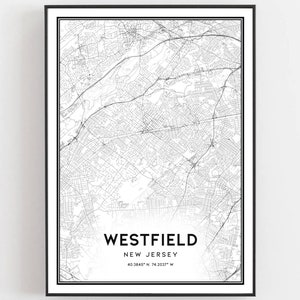 Westfield Karte Druck, Westfield Karte Poster Wandkunst, Nj Stadt karte, New Jersey Print Straßenkarte Dekor, Road Map Geschenk, B1906