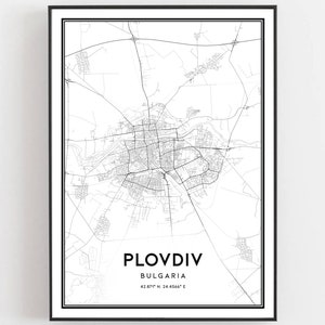 May include: A black and white line art map of Plovdiv, Bulgaria. The map shows the city's streets and landmarks. The city's name and coordinates are printed below the map.