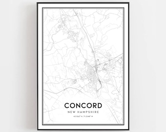Concord Karte Print, Concord Karte Poster Wandkunst, NH Stadtplan, New Hampshire Karte Dekor, Straßenkarte Geschenk, B1532