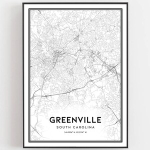 Greenville Karte Druck, Greenville Karte Poster Wandkunst, Sc Stadt karte, South Carolina Print Straßenkarte Dekor, Straßen karte Geschenk, B403