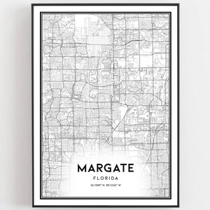 Margate Kaart Afdrukken, Margate Kaart Poster Wall Art, Fl Stadsplattegrond, Florida Print Stratenplan Decor, Wegenkaart Cadeau, B1269
