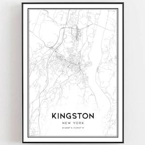 May include: Black and white map print of Kingston, New York. The map shows the city streets and surrounding area. The text "KINGSTON" and "NEW YORK" are printed below the map, along with the coordinates "41.6406° N, 73.9933° W".