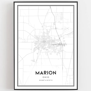 Marion Kaart Afdrukken, Marion Kaart Poster Wall Art, Oh Stadsplattegrond, Ohio Print Stratenplan Decor, Wegenkaart Cadeau, B1477
