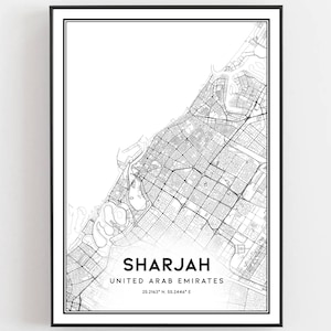 Sharjah Kaart Afdrukken, Sharjah Kaart Poster Wall Art, Sharjah Stadsplattegrond, Sharjah Print Stratenplan Decor, Wegenkaart Cadeau, B244