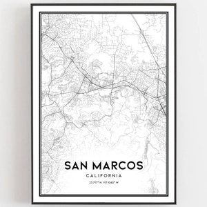 Mapa San Marcos Print, Mapa San Marcos Poster Wall Art, Mapa miasta Kalifornia, Dekoracja mapy ulic Kalifornii Print, Prezent z mapą drogową, B895