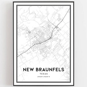 New Braunfels Karte Druck, New Braunfels Karte Poster Wandkunst, Tx Stadt Karte, Texas Print Straßen karte Dekor, Straßen karte Geschenk, B1070