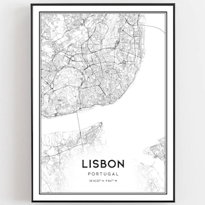Lisbonne Carte Imprimer, Lisbonne Carte Affiche Art Mural, Lisbonne Carte de la Ville, Lisbonne Imprimer Street Map Decor, Road Map Cadeau, B103