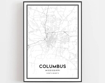 Columbus Karte Druck, Columbus Karte Poster Wandkunst, Ms Stadt Karte, Mississippi Karte Dekor, Straßenkarte Geschenk, B1829