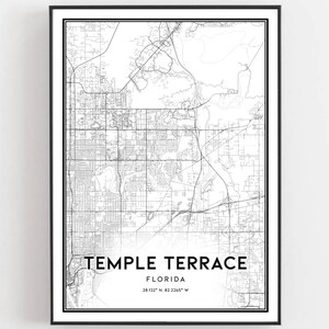 Temple Terrace Kaart Afdrukken, Temple Terrace Kaart Poster Wall Art, Fl Stadsplattegrond, Florida Print Stratenplan Decor, Wegenkaart Cadeau, B2059