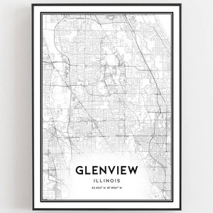 Glenview Kaart Afdrukken, Glenview Kaart Poster Wall Art, Il Stadsplattegrond, Illinois Print Stratenplan Decor, Wegenkaart Cadeau, B1448