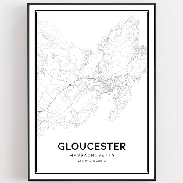 Gloucester Map Print, Gloucester Map Poster Wall Art, Ma  City Map, Massachusetts Print Street Map Decor, Road Map Gift, B1919