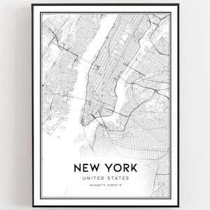 New York Kaart Afdrukken, New York Kaart Poster Wall Art, New York Stadskaart, New York Print Stratenplan Decor, Wegenkaart Cadeau, B2