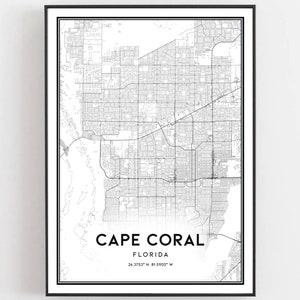 Cape Coral Karte Druck, Cape Coral Karte Poster Wandkunst, Fl Stadt karte, Florida Print Straßenkarte Dekor, Straßenkarte Geschenk, B354