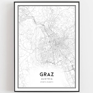 Graz Karte Druck, Graz Karte Poster Wandkunst, Graz Stadtplan, Graz Print Straßenkarte Dekor, Straßenkarte Geschenk, B542