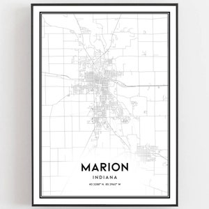 Marion Karte Druck, Marion Karte Poster Wandkunst, In City Map, Indiana Print Straßenkarte Dekor, Road Map Geschenk, B1563