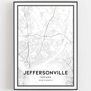 Jeffersonville Kaart Afdrukken, Jeffersonville Kaart Poster Wall Art, In Stadsplattegrond, Indiana Print Stratenplan Decor, Wegenkaart Cadeau, B1455