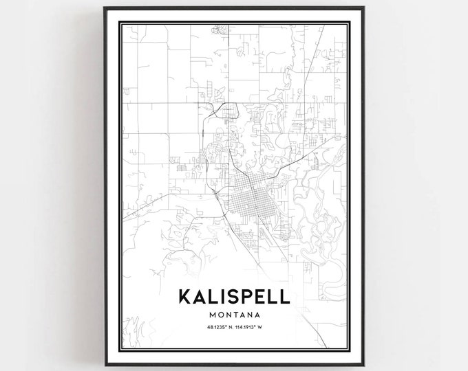 Kalispell Map Print, Kalispell Map Poster Wall Art, Mt City Map, Montana Print Street Map Decor ...