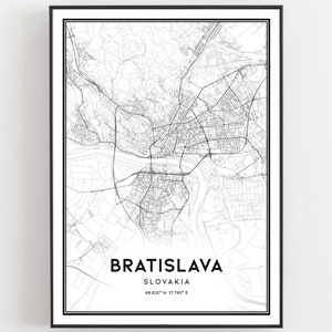 May include: A black and white map of Bratislava, Slovakia. The map shows the city's streets and landmarks. The text "BRATISLAVA" is printed in bold at the bottom of the map, along with the coordinates "48.85° N 17.745° E".
